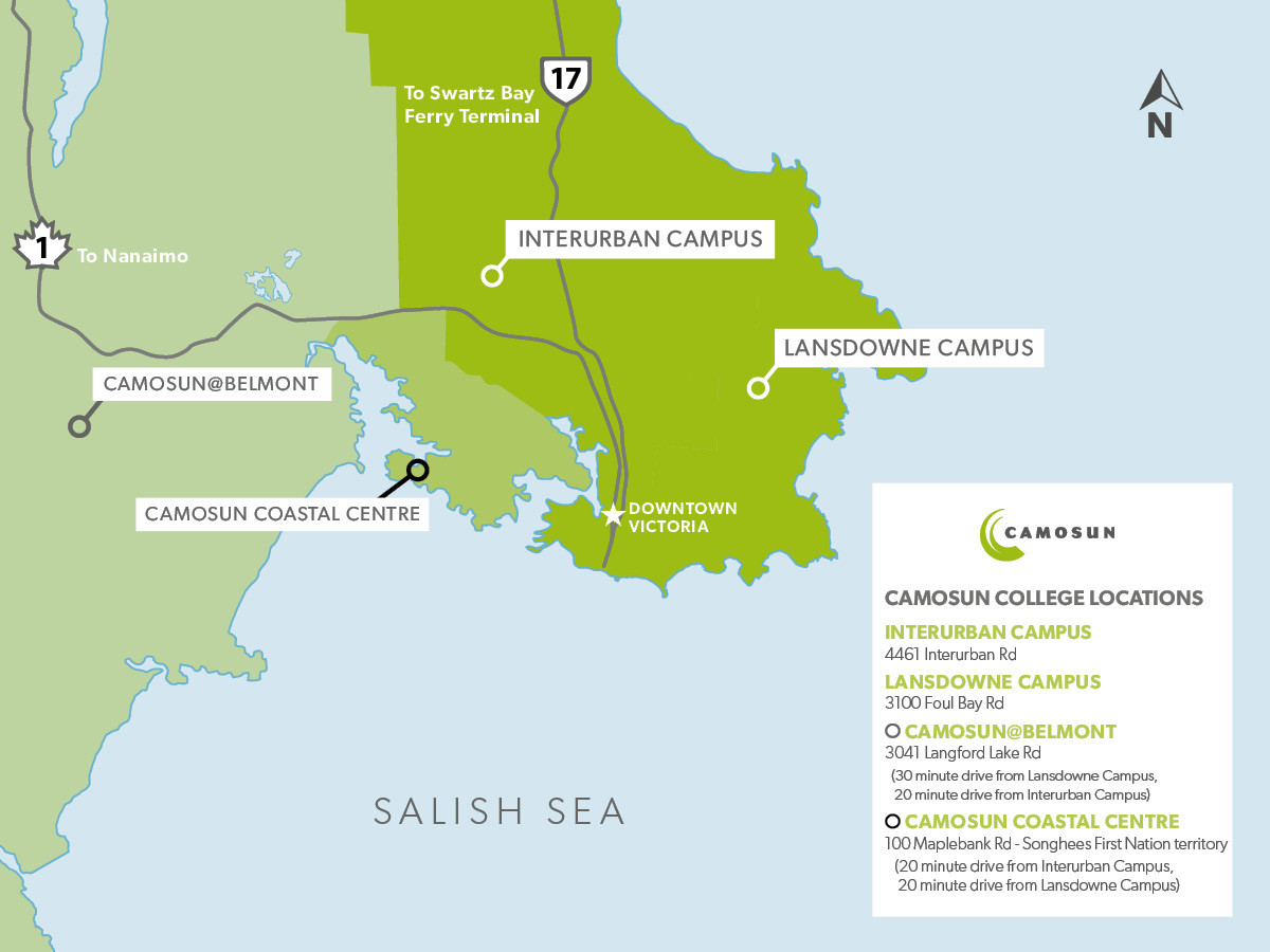 a map of all Camosun college campus and satellite locations